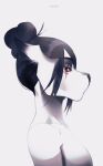  2019 anthro artist_name black_hair bust_portrait canid dated eye_scar facial_scar female hair hair_bun hi_res mammal nude portrait red_eyes scar side_view simple_background solo unknowhiter white_background white_body 