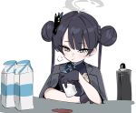  1girl bangs black_gloves black_hair blazer blue_archive blue_eyes coat coat_on_shoulders cup double_bun dragon_print drinking_glass gloves hair_bun hair_ornament halo highres jacket kisaki_(blue_archive) milk_carton milk_mustache ocha_(popopogg) simple_background solo twintails white_background 