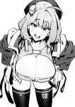  1girl ahoge anis_(nikke) bangs beret blush breasts cleavage collarbone goddess_of_victory:_nikke greyscale hat jacket large_breasts long_sleeves monochrome open_mouth short_hair shorts smile solo thighhighs thighs tkhs 