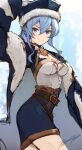  1girl arm_up bangs blue_coat blue_eyes blue_hair blue_headwear blue_shirt blue_skirt bodice breasts closed_mouth coat cowboy_shot dated fur-trimmed_coat fur_trim gloves granblue_fantasy hair_between_eyes hand_on_headwear hat highres long_hair looking_at_viewer miniskirt pencil_skirt punished_pigeon shirt signature skirt small_breasts smile solo therese_(granblue_fantasy) v-shaped_eyebrows white_gloves 