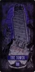 black_border border building card_(medium) english_text highres neon_genesis_evangelion no_humans non-web_source purple_background roman_numeral ruins scan scan_artifacts tarot the_tower_(tarot) tokyo-3_(city) 