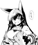  1girl animal_ears arknights arm_at_side belt blaze_(arknights) blush breasts can collarbone gloves greyscale hairband highres jacket long_sleeves medium_breasts monochrome one_eye_closed open_clothes open_jacket open_mouth reaching_towards_viewer shirt smile solo speech_bubble translation_request twitter_username upper_body yom_(ymayma00ss) 