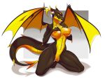  2020 amirah_(thehyperblast) anthro breasts brown_body claws clothing dragon evilcraber female genitals hi_res horn membrane_(anatomy) membranous_wings nipples non-mammal_breasts notched_wings orange_nipples orange_pussy pussy red_sclera scales solo spiked_tail spiked_wings spikes spikes_(anatomy) toe_claws wings yellow_body 
