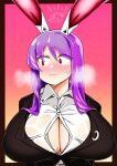  1girl animal_ears bangs black_jacket blazer blush breasts breath button_gap buttons cleavage closed_mouth collared_shirt commentary_request crescent crescent_pin embarrassed gradient_background hair_between_eyes highres huge_breasts jacket kurodani_yamame long_hair looking_to_the_side nose_blush pink_background purple_hair rabbit_ears rabbit_girl red_eyes reisen_udongein_inaba rinyamame shirt sidelocks solo touhou upper_body white_shirt 