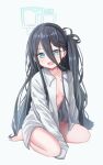  1girl aris_(blue_archive) black_hair blue_archive breasts hair_between_eyes hairband halo highres long_hair naked_shirt nenosame one_side_up open_mouth shirt simple_background sitting small_breasts smile solo wariza white_background white_shirt 