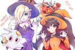  2girls alternate_costume ashley_(warioware) bad_hands bangs black_hair blonde_hair blue_eyes brooch cape claw_pose dated dress earrings fang ghost_costume hair_over_one_eye halloween halloween_costume happy_halloween hat jewelry long_hair long_sleeves looking_at_viewer luma_(mario) mario_(series) mario_kart mario_kart_tour multiple_girls nukoko12 official_alternate_costume orange_dress orange_headwear purple_dress purple_headwear red_(warioware) red_eyes rosalina skull_ornament star_(symbol) star_earrings twintails warioware white_background wide_sleeves witch witch_hat 
