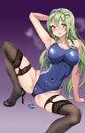  1girl absurdres amagi_(amagi626) armpits blue_eyes blue_one-piece_swimsuit breasts cleavage competition_swimsuit covered_navel frog_hair_ornament garter_straps green_hair hair_ornament hair_tubes high_heels highres kochiya_sanae legwear_garter lingerie long_hair one-piece_swimsuit purple_background pussy_juice pussy_juice_trail single_sidelock snake_hair_ornament solo steaming_body swimsuit thighhighs touhou underwear 