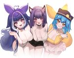  3girls absurdres ahoge akuma_nihmune animal_ears bao_(vtuber) bare_shoulders bell biting black_hair blue_hair breasts cetacean_tail choker cleavage dark_blue_hair demon_horns dress facial_mark fish_tail floppy_ears from_above grin hat heart heart_ahoge highres horns indie_virtual_youtuber jewelry large_breasts lip_biting long_hair looking_at_viewer multicolored_hair multiple_girls neck_bell one-piece_swimsuit open_mouth orange_eyes orca_girl pendant purple_eyes purple_hair short_shorts shorts shylily simple_background sitting sky_above_me smile streaked_hair swimsuit tail tongue tongue_out whale_girl white_background white_one-piece_swimsuit 