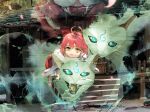  1girl 35p_(sakura_miko) aged_down ahoge blood box cat commentary_request donation_box fangs funi_mu9 green_eyes highres hololive japanese_clothes miko outdoors red_hair riding sakura_miko shrine solo spirit stairs tears virtual_youtuber 