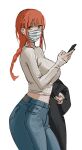 1girl black_nails braid braided_ponytail casual cellphone chainsaw_man denim highres holding holding_clothes holding_jacket jacket jeans long_hair looking_at_viewer makima_(chainsaw_man) mask midriff_peek mouth_mask nail_polish pants phone red_hair ringed_eyes sketch smartphone solo solraka sweater turtleneck turtleneck_sweater yellow_eyes 