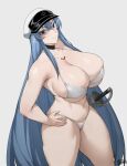  1girl akame_ga_kill! bangs bare_shoulders batako_(batakoart) bikini black_choker blue_eyes blue_hair blush breasts chest_tattoo choker cleavage curvy esdeath hair_between_eyes hand_on_hip hat highres huge_breasts large_breasts long_hair military_hat navel shading_eyes sheath sheathed solo stomach swimsuit sword tattoo thick_thighs thighs very_long_hair weapon white_bikini 