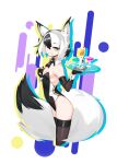  1girl absurdres animal_ears black_gloves blue_eyes breasts cherry cleavage cocktail_glass cup deel_(rkeg) detached_collar drinking_glass food fox_ears fox_girl fox_tail fruit gloves grin highres holding holding_tray original playboy_bunny shot_glass small_breasts smile solo tail thighhighs tray white_fur wrist_cuffs 