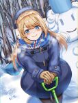  1girl bare_tree beret black_pantyhose blonde_hair blue_coat blue_eyes blue_headwear blue_scarf blush brown_gloves character_snowman closed_mouth coat dated earmuffs gloves hat highres janus_(kancolle) jervis_(kancolle) kantai_collection long_hair long_sleeves pantyhose sabakuomoto scarf shovel smile snow snowman solo tree union_jack 