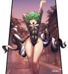  1girl arms_up bangs black_dress breasts dress english_commentary evening green_eyes grey_hair highres itskawer long_sleeves medium_breasts medium_hair one-punch_man one_eye_closed outdoors solo standing stretching tatsumaki yawning 