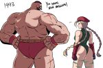  1boy 1girl ass beret blonde_hair braid braided_ponytail cammy_white english_text facing_away gauntlets green_leotard hands_on_hips hat highres leotard muscular muscular_male simple_background street_fighter street_fighter_ii_(series) tina_fate twintails white_background zangief 