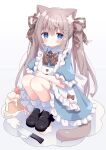  1girl animal_ear_fluff animal_ears apron bangs black_footwear blue_background blue_dress blue_eyes blush brown_hair brown_ribbon cake cake_slice cat_ears cat_girl cat_tail closed_mouth commentary dress food frilled_apron frilled_dress frilled_sleeves frills full_body gradient_background hair_between_eyes hair_ornament hair_ribbon heart heart_hair_ornament highres knees_up knife loafers long_hair looking_at_viewer nakkar original puffy_short_sleeves puffy_sleeves ribbon shoes short_sleeves socks solo squatting tail twintails very_long_hair white_apron white_background white_socks 