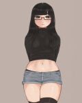  1girl absurdres anajudraws arms_behind_back bangs black_eyes black_hair black_shirt black_thighhighs blunt_bangs breasts glasses grey_background grey_shorts highres long_hair long_sleeves medium_breasts navel original shirt short_shorts shorts simple_background standing thighhighs 