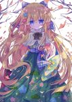  1girl bangs black_ribbon blonde_hair blue_eyes blush flower futaba969649 green_skirt hair_flower hair_ornament hair_ribbon highres japanese_clothes long_hair long_sleeves looking_at_viewer madou_monogatari purple_ribbon puyopuyo ribbon skirt solo tree white_background witch_(puyopuyo) 