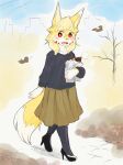  1girl animal_ear_fluff animal_ears animal_nose artist_name bangs bare_tree black_footwear black_pantyhose black_sweater blonde_hair blue_sky blush body_fur bright_pupils brown_skirt collarbone commentary dated day english_commentary facial_mark fang flat_chest food fox_ears fox_girl fox_tail full_body furry furry_female hand_up happy high_heels highres holding holding_food kame_(3t) leaf long_sleeves looking_at_viewer newspaper open_mouth original outdoors pantyhose path pleated_skirt red_eyes road roasted_sweet_potato shoes short_hair signature sketch skirt sky smile snout solo standing sweater sweet_potato tail thick_eyebrows tree two-tone_fur walking whisker_markings white_fur white_pupils wide-eyed yellow_fur yun-chan_(kame_(3t)) 