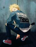  1boy ash_lynx banana_fish blonde_hair denim denim_jacket full_body green_eyes gun highres jacket jeans long_sleeves looking_at_viewer looking_back male_focus outdoors pants red_footwear shoes sneakers solo squatting throttlee torn_clothes torn_pants weapon 