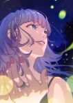  1girl absurdres bangs blurry blurry_foreground chama_kou close-up fireflies from_below glowing grin highres jewelry long_hair nail_polish night original pink_lips pink_nails purple_eyes purple_hair ring smile solo 