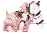  1girl animal_ears arknights armbinder arms_behind_back bdsm black_leotard bondage bound high_heels highres leotard long_hair pantyhose pink_eyes pink_hair pink_nails pozyomka_(arknights) qianshibu spreader_bar tail top-down_bottom-up white_background white_pantyhose wolf_ears wolf_tail 