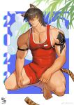  1boy absurdres alternate_costume animal_ears arknights bangs bara black_hair bodysuit broca_(arknights) bulge cat_boy cat_ears cat_tail cigarette covered_navel erection erection_under_clothes hair_over_one_eye highres large_pectorals male_focus medium_hair muscular muscular_male pectoral_cleavage pectorals red_bodysuit sidepec singlet solo tail thighs xiedaifenshi_(7329016845) yellow_eyes 