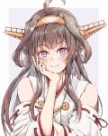  1girl ahoge bare_shoulders blush brown_hair commentary_request dairyo3 detached_sleeves double_bun duplicate fingernails grin hair_bun hand_on_own_cheek hand_on_own_face highres japanese_clothes kantai_collection kongou_(kancolle) kongou_kai_ni_(kancolle) long_hair looking_at_viewer nontraditional_miko pixel-perfect_duplicate purple_eyes ribbon-trimmed_sleeves ribbon_trim sidelocks smile solo upper_body white_sleeves wide_sleeves 