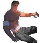  1boy abs absurdres bara batman_(series) blue_eyes bruce_wayne check_copyright cigarette copyright_request cropped_legs dc_comics highres large_pectorals male_focus midriff_sarashi muscular muscular_male nipples pants pectorals sarashi short_hair sideburns solo stomach thick_eyebrows topless_male xiedaifenshi_(7329016845) 