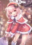  1girl bare_legs black_gloves blue_archive christmas gloves halo handbell hat highres matsu520 pink_eyes pink_hair santa_costume santa_hat serina_(blue_archive) serina_(christmas)_(blue_archive) thighs 