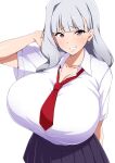  1girl absurdres bangs blush breasts cleavage collarbone grey_hair grin highres huge_breasts idolmaster idolmaster_(classic) jabara_tornado long_hair looking_at_viewer purple_eyes shijou_takane smile solo 