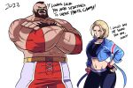  1boy 1girl beard blonde_hair breasts brown_hair cammy_white crop_top cropped_jacket crossed_arms english_text facial_hair facing_viewer hand_on_hip highres mohawk muscular muscular_male pants scar scar_on_cheek scar_on_face short_hair simple_background street_fighter street_fighter_6 tina_fate white_background yoga_pants zangief 