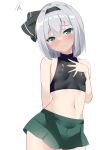  1girl 9150namihana absurdres black_hairband bob_cut bow_hairband covered_nipples crop_top green_eyes green_skirt hairband highres konpaku_youmu midriff miniskirt navel short_hair simple_background skirt sleeveless solo touhou white_background white_hair 