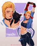  1girl absurdres animal asymmetrical_gloves black_cat black_gloves black_pants black_sports_bra blonde_hair blue_eyes blue_jacket breasts cammy_stretch_(meme) cammy_white cat cheek-to-cheek cleavage cropped_jacket gloves heads_together highres holding holding_animal holding_cat jacket lips makeup mascara medium_breasts meme mismatched_gloves one_eye_closed pants pendant_choker short_hair single_vambrace solo_focus sports_bra street_fighter street_fighter_6 toned valentina_tavolilla vambraces yoga_pants 