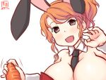  1girl alternate_costume animal_ears aquila_(kancolle) black_necktie breasts carrot detached_collar fake_animal_ears high_ponytail kanon_(kurogane_knights) kantai_collection large_breasts leotard long_hair looking_at_viewer necktie one-hour_drawing_challenge open_mouth orange_hair playboy_bunny rabbit_ears red_leotard sexually_suggestive solo strapless strapless_leotard upper_body wavy_hair wrist_cuffs yellow_eyes 