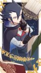  1boy bangs black_hair blurry blurry_foreground book boots buttons cloak commentary_request gem gloves grey_eyes grimsley_(pokemon) hair_between_eyes hands_up highres male_focus mocacoffee_1001 pants pointy_hair pokemon pokemon_(game) pokemon_bw reading red_gemstone shirt solo thigh_boots vest white_shirt 