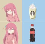  1girl bocchi_the_rock! closed_eyes coca-cola cube_hair_ornament drakeposting_(meme) gotou_hitori hair_ornament highres jacket long_hair meme naaga_sonomono one_side_up pink_hair pink_jacket pointy_ears smile soda_bottle starbucks track_jacket 