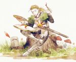  1boy armor blonde_hair dark_souls_(series) dark_souls_i full_armor grass headwear_removed helm helmet helmet_removed highres knight painting_(action) plume ponytail shield solaire_of_astora sun_symbol togeppoi 