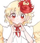  1girl animal animal_on_head bangs bird bird_on_head bird_wings blonde_hair blush chick closed_mouth feathered_wings hair_between_eyes heart heart_hands itomugi-kun looking_at_viewer multicolored_hair niwatari_kutaka on_head red_eyes red_hair short_hair simple_background smile solo touhou two-tone_hair upper_body white_background wings yellow_wings 