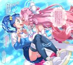  2girls ahoge bangs blue_eyes blue_hair blush braided_sidelock brooch carrying cure_prism detached_sleeves dress earrings heart highres hirogaru_sky!_precure jewelry kohsaka_jun magical_girl multiple_girls nijigaoka_mashiro open_mouth pink_hair precure princess_carry puffy_detached_sleeves puffy_sleeves saliva saliva_trail sidelocks simple_background sora_harewataru thighhighs tongue tongue_out translation_request white_dress white_footwear white_thighhighs wing_brooch wing_hair_ornament 