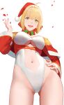  1girl absurdres ahoge artoria_pendragon_(fate) ass_visible_through_thighs bangs blonde_hair breasts capelet clothing_cutout cowboy_shot drid falling_petals fate_(series) from_below fur-trimmed_capelet fur-trimmed_sleeves fur_trim green_eyes hand_on_hip hand_up hat highleg highleg_leotard highres large_breasts leotard long_sleeves looking_at_viewer navel navel_cutout open_mouth petals red_headwear red_sleeves santa_costume santa_hat short_hair shrug_(clothing) simple_background solo teeth underboob_cutout upper_teeth_only white_background white_leotard 