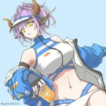  1girl animal_ears arknights bare_shoulders bikini black_gloves blue_background blue_jacket bonjirix commentary_request fingerless_gloves gloves highres horns jacket long_sleeves looking_at_viewer navel off_shoulder official_alternate_costume open_clothes open_jacket parted_lips purple_hair short_hair sideroca_(arknights) sideroca_(light_breeze)_(arknights) simple_background solo stomach swimsuit upper_body white_bikini yellow_eyes 