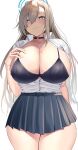  1girl absurdres asuna_(blue_archive) bangs black_bra black_choker black_skirt blue_archive blue_eyes blush bra breasts choker cleavage closed_mouth commentary_request grey_hair halo heart heart-shaped_pupils highres huge_breasts long_hair looking_at_viewer miniskirt mole mole_on_breast namazu_(yamasonson) pleated_skirt shirt shirt_tucked_in skirt smile solo symbol-shaped_pupils thighs underwear white_shirt 