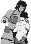  1boy 1girl 2others abs absurdres armlet bangs breasts cleavage_cutout clothing_cutout collared_shirt cup drunk female_orc fingerless_gloves gloves greyscale hair_over_eyes hand_on_another&#039;s_hip highres holding holding_cup large_breasts looking_at_another looking_down loose_pants midriff monochrome multiple_others muscular muscular_female orc original panties pointy_ears shirt short_hair speedl00ver thighlet underwear wooden_cup 
