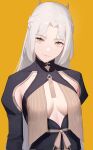  1girl artist_name breast_curtains breasts closed_mouth drid highres long_hair long_sleeves looking_at_viewer medium_breasts no_bra original simple_background solo upper_body white_hair yellow_background yellow_eyes 