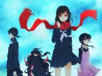  1boy 3girls arm_at_side arrow_(symbol) arrow_print asahina_hiyori azami_(kagerou_project) bangs black_hair black_kimono black_pants black_sailor_collar black_serafuku black_shirt blue_sky blunt_bangs closed_mouth commentary curly_hair dark_konoha day expressionless floating_scarf fringe_trim from_side hair_ornament hair_ribbon hairclip highres japanese_clothes kagerou_project kimono kingyo_(984) konoha_(kagerou_project) layered_sleeves long_hair long_sleeves looking_afar looking_at_viewer looking_to_the_side low_twintails multiple_girls neck_warmer neckerchief outdoors overalls pants parted_lips pink_overalls pink_skirt profile red_eyes red_ribbon red_scarf ribbon sailor_collar scales scarf school_uniform serafuku shirt short_hair short_ponytail skirt sky sleeves_past_elbows smile tateyama_ayano twintails very_long_hair white_neckerchief wind yellow_eyes 