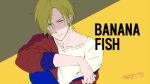  1boy arm_on_knee artist_name ash_lynx banana_fish blonde_hair blue_pants chama_kou closed_mouth copyright_name highres jacket knee_up looking_at_viewer male_focus off_shoulder pants red_jacket shirt short_hair short_sleeves signature simple_background sitting solo white_shirt yellow_background yellow_eyes 