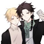  2boys atou_haruki black_jacket blonde_hair braid brown_hair brown_sweater closed_mouth father_and_son green_scarf grey_sweater harada_minoru highres jacket long_sleeves male_focus multiple_boys open_clothes open_jacket red_eyes saibou_shinkyoku scarf short_hair sianpanzi side_braid simple_background smile sweater turtleneck turtleneck_sweater white_background 