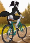  2023 anthro anus areola bicycle biped black_body black_fur black_hair black_nose black_pawpads blurred_background breasts butt canid canine cheek_tuft clothing countershade_butt countershade_face countershade_fur countershade_torso countershading digital_media_(artwork) facial_tuft female fur genitals hair hi_res hindpaw mammal multicolored_hair nipple_piercing nipples novery outside pawpads paws piercing pink_areola pink_nipples ponytail purple_hair pussy rear_view riding_bike road shaded shadow solo tail tamaska topwear tuft two_tone_hair white_body white_fur yellow_eyes 