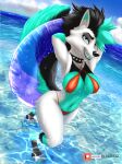  absurd_res anthro beach big_breasts bikini breasts canid canine canis clothed clothing fan_character female fur hi_res life_ring link6432 looking_at_viewer mammal seaside solo swim_ring swimwear wolf 
